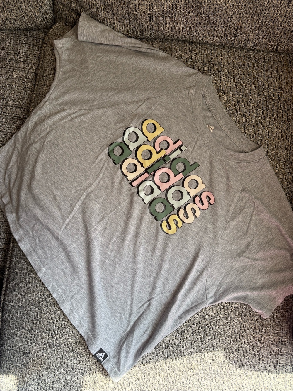 adidas Light Gray Tee with Pastel Multi-Logo